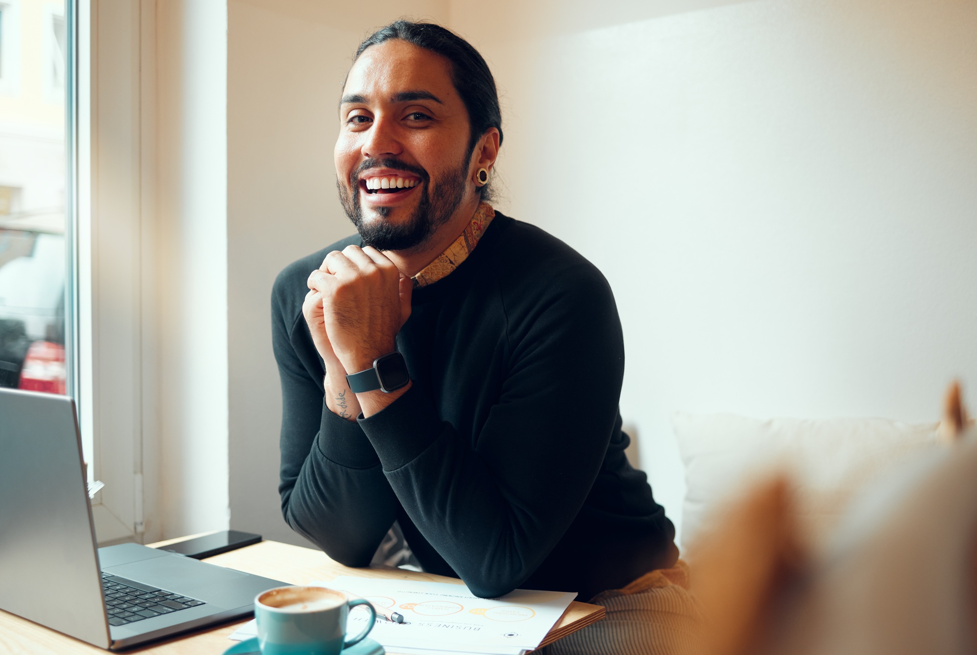 Happy, paperwork and portrait of man with a laptop for entrepreneurship, small business and budget