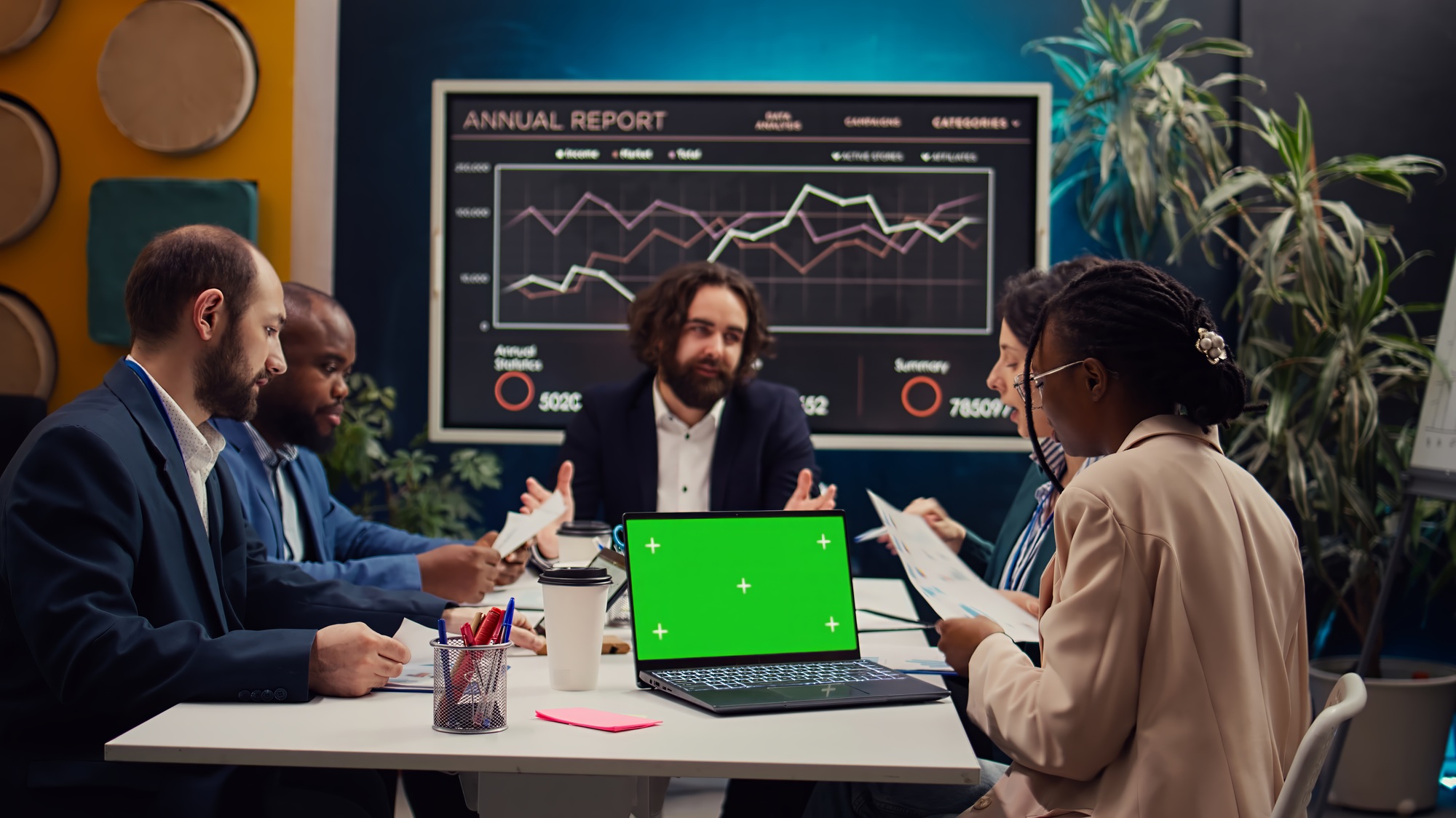 Product management team developing strategies with mockup display