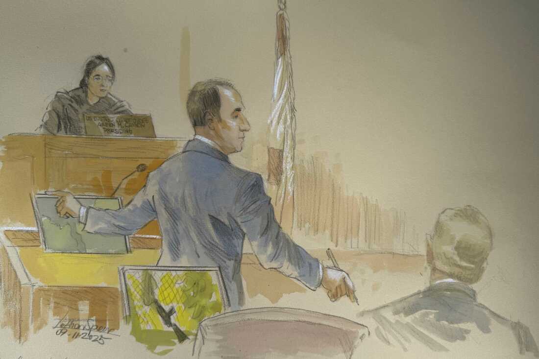 This courtroom sketch shows lead government prosecutor John Shipley speaking during the opening statements of the during the trial of Ryan Routh, who is charged with attempting to assassinate Donald Trump last year at a golf course in South Florida, Thursday, Sept. 11, 2025, in Fort Pierce, Fla.