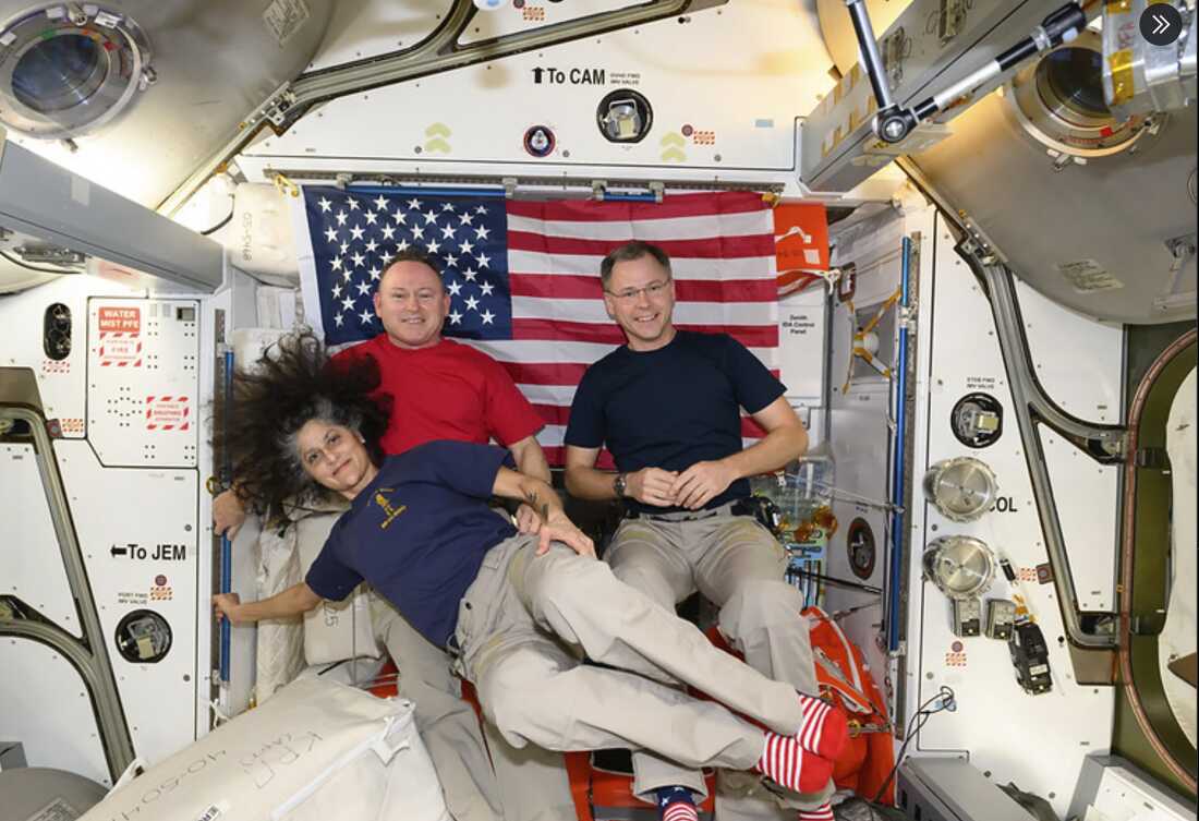 Astronauts Suni Williams (lower) and Butch Wilmore (left) were originally supposed to return to earth in June of last year. Instead, they've been part of the latest crew of the international space station, along with astronaut Nick Hague (right).