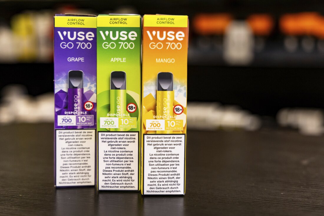 Flavored varieties of disposable electronic cigarette devices are on display in a shop in Brussels on Dec. 12, 2024, ahead of Belgium's ban on the sale of disposable vapes as of Jan. 1, 2025.