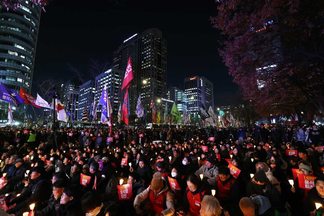 Protesters demonstrate against the country's president on December 04, 2024 in Seoul, South Korea.