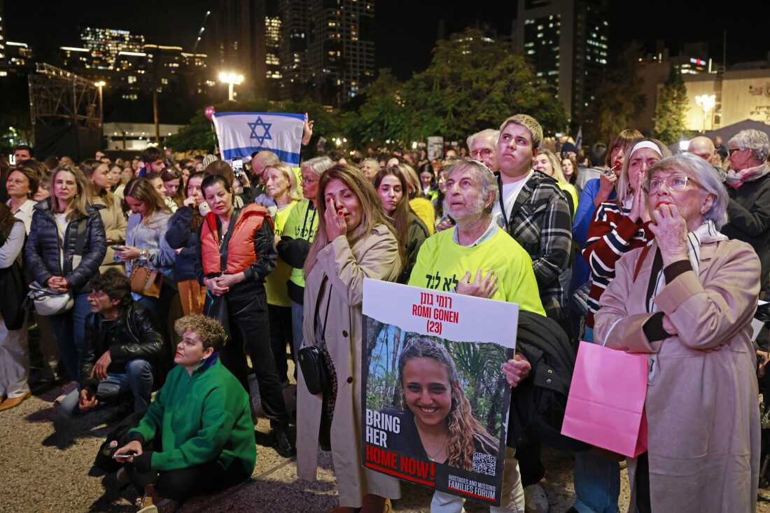 Supporters and relatives of hostages held captive in the Gaza Strip since the October 7, 2023 attacks by Palestinian militants, react while watching a live television broadcast on the release of Israeli hostages, at the Hostages Square in Tel Aviv, on January 19, 2025.