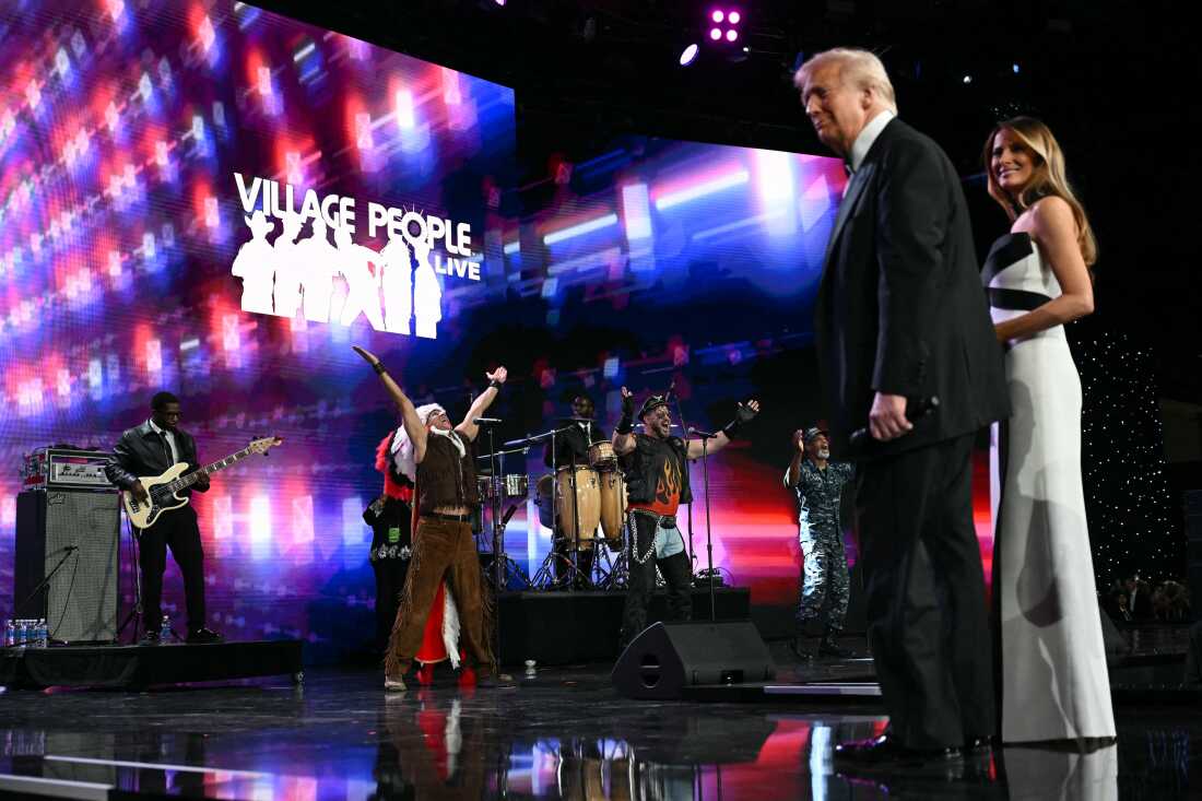 President Trump and First Lady Melania Trump watch as the Village People perform during the Liberty inaugural ball at the Walter E. Washington Convention Center on Monday.