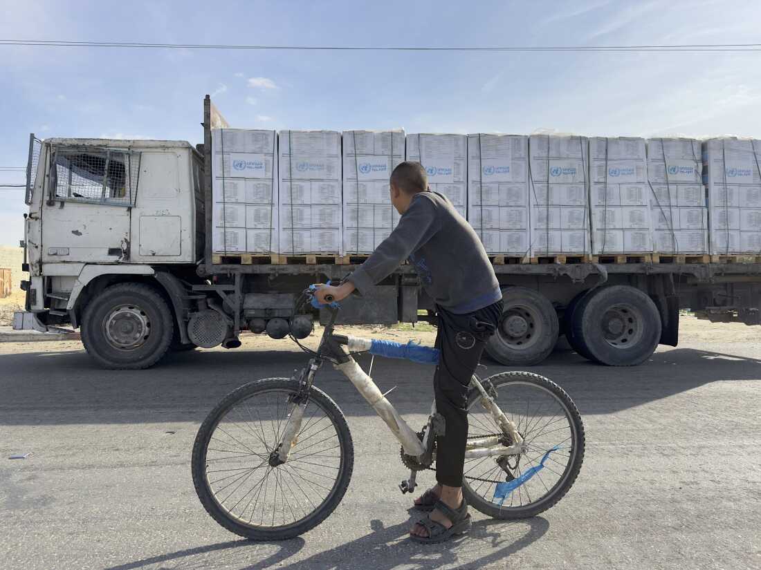 An aid truck enters Palestinian territories from Rafah Border Crossing on Jan. 19, 2025.