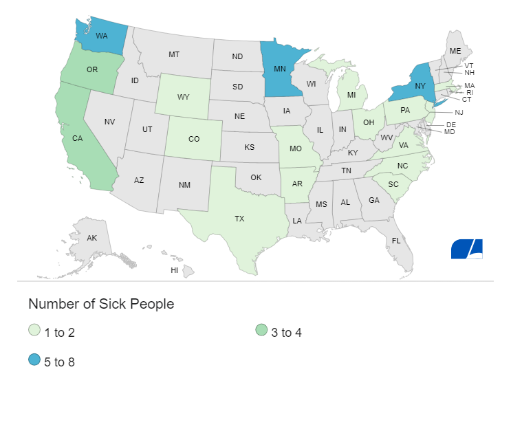 This map shows the states where people were sickened by an E. coli outbreak linked to contaminated carrots. According to the CDC, 39 people fell ill, and one died.