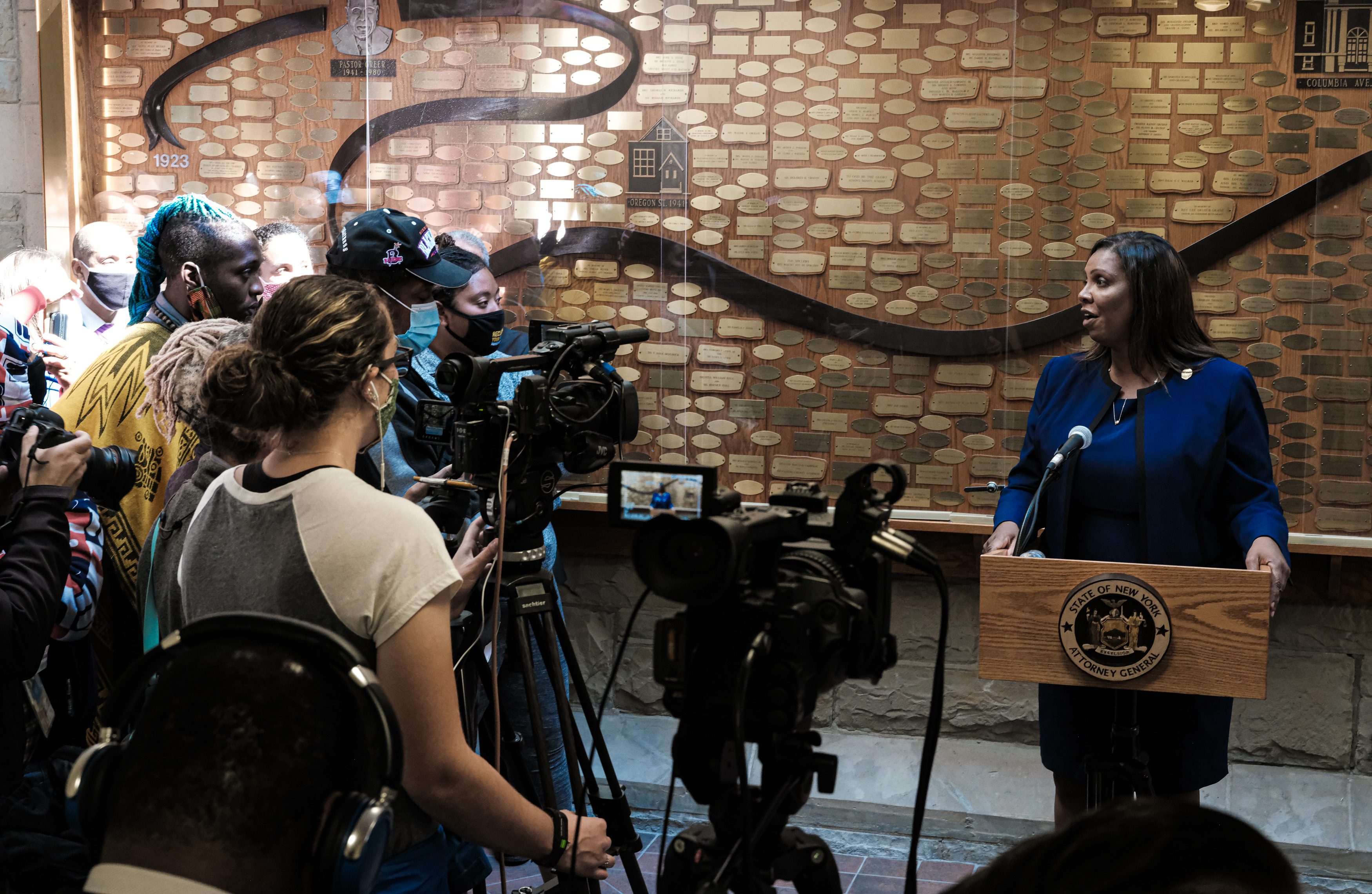 ROCHESTER, NY - SEPTEMBER 20:  New York State Attorney General Letitia James speaks at a news conference about the ongoing investigation into the death of Daniel Prude on September 20, 2020 in Rochester, New York. Prude, who is Black, died March 30 after being taken off life support following his arrest by Rochester police.   (Photo by Joshua Rashaad McFadden/Getty Images)