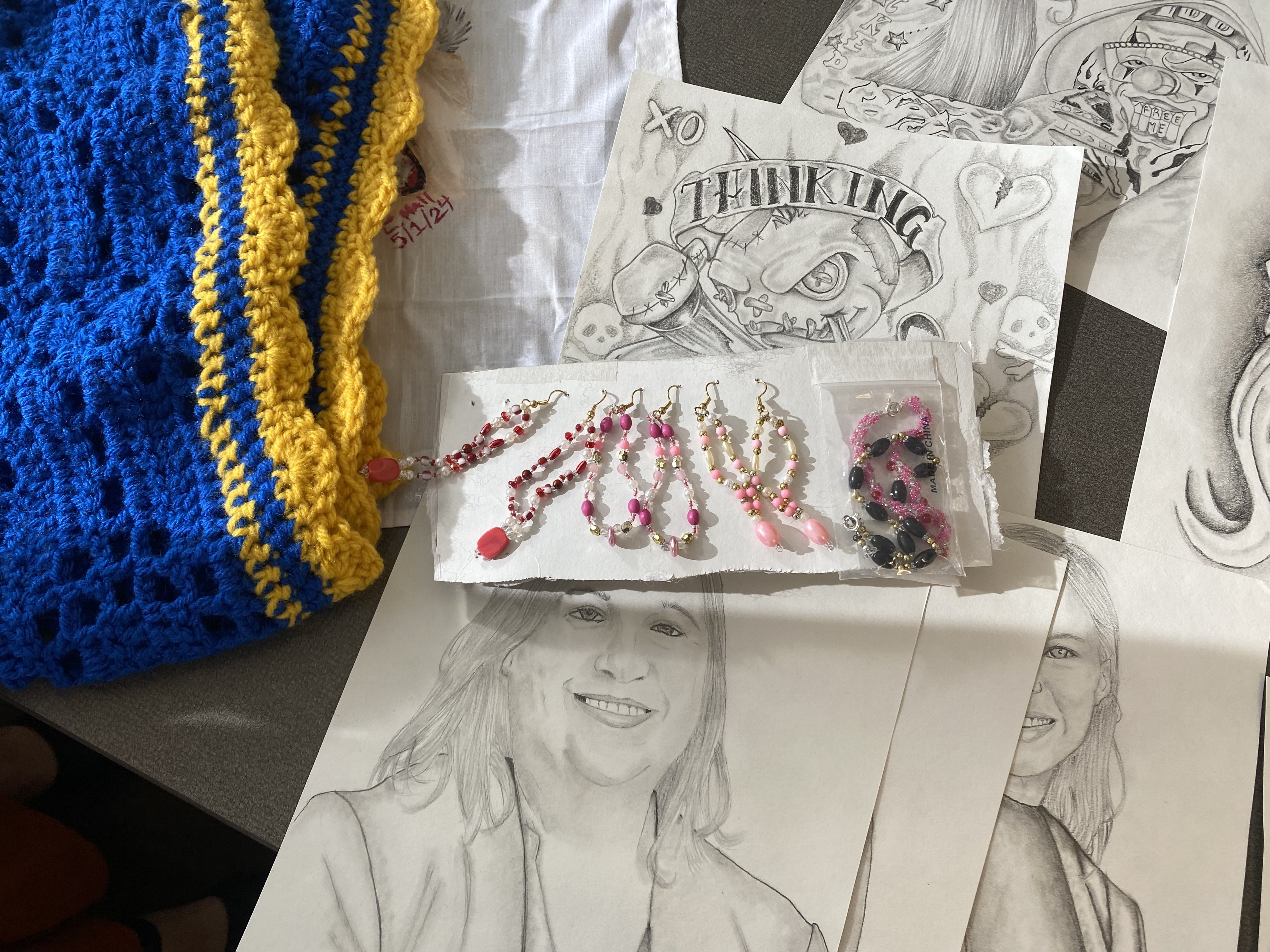 A collection of Charles Hall's artwork is displayed at the Indiana Federal Community Defenders office in Indianapolis, Indiana, on Nov. 19, 2024.